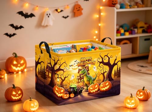 Image of Rectangular Halloween Basket for Boys and Girls Kids Trick or Treat Pumpkin Basket for Halloween Parties Cute Storage Bin Organizer Box Room Decor(Halloween Dinosaur)