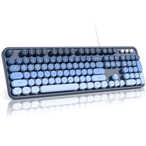 Image of MOFII Computer Keyboard Wired,Round Key Retro Typewriter Keyboard Full Size | USB Plug and Play, for Laptop, PC, Desktop, Windows (Sea Blue Gradient Color)