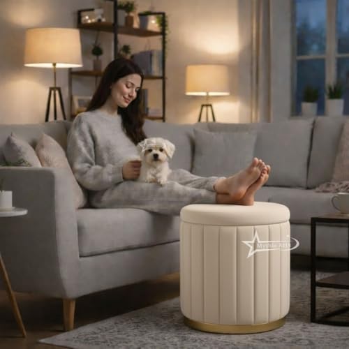 Image of Round Strip Stool with Cushion Foot Rest Office Stool Pouf Ottoman Padded Seat in Living Room - Cream