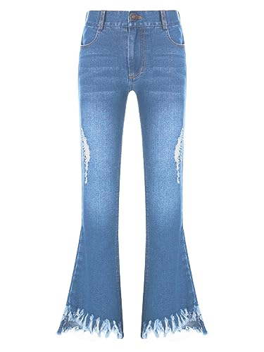 Hularka Kids Girls Ripped Holes Bell Bottom Jeans Juniors Casual Washed Flare Denim Pants Elastic Waist Denim Trousers