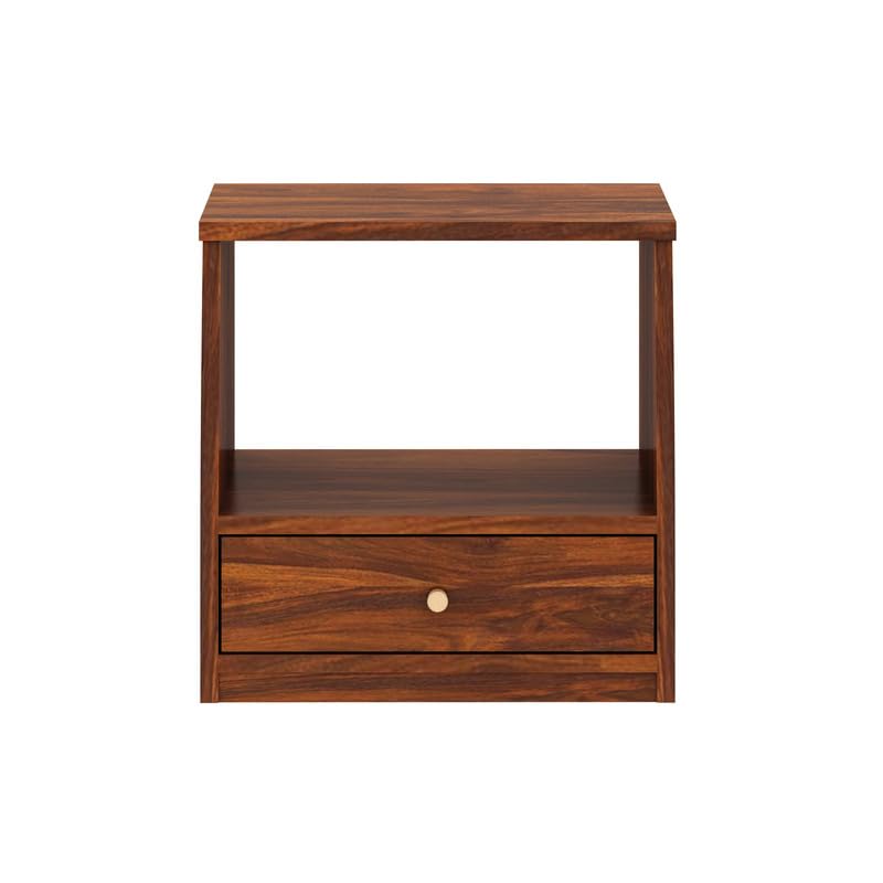 Image of Solid Sheesham Wood Bedside Table with 1 Drawer & 1 Open Shelf Storage for Bedroom, End Table, Side Table for Living Room Home (Natural Finish)