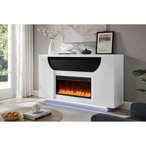 ESPIDOO 76 Inch Electric Fireplace TV Lift: Modern White Cabinet with Remote Control & Temperature Settings - Professional Interior Design Solution for Upscale Residential Spaces - Image 8