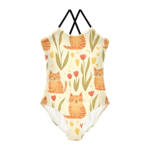 Cute Orange Cats Tulips Girls One Piece Swimsuit Beach Swimwear 20861659 - Main Image