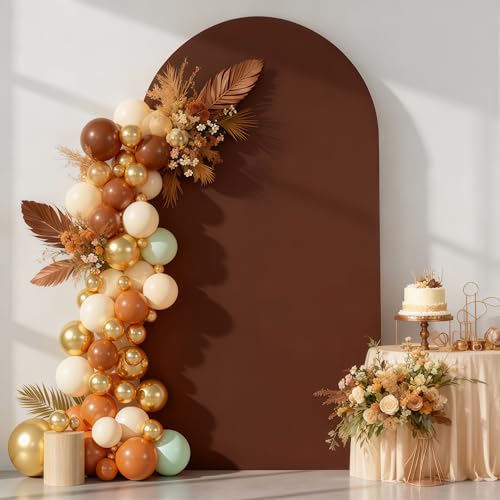 6.6FT Brown Arch Backdrop Cover - Polyester Fitted Wedding Arch Stand Covers Round Top Chiara Arch Backdrop Cover for Birthday Party Banquet Photo Background Decoration