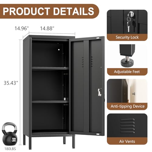 Image of pozdeg 35.43 inch Black Lockable Small Metal Storage Locker | Employees Locker with 1 Door & 2 Adjustable Shelves, Steel Cabinet for Employees, Home, School, Office & Gym