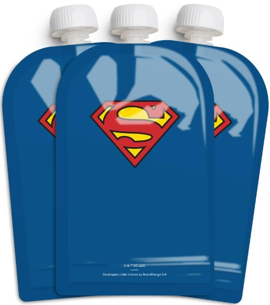 Herobility DC Comics Food Pouch 180 ml / 6 Fl Oz - Squeeze Pouches for Baby, Reusable, Sustainable, Leak-Proof Design, Double Zip-Lock, BPA-Free -