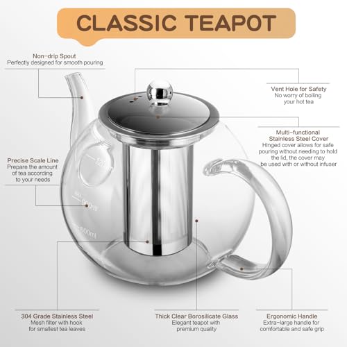 Image of Glass Teapot, Zpose 40oz /1200ml Tea Pot with Removable Stainless Steel Infuser, Clear Glass Tea Kettle with Scale Line, Stovetop Safe Teapot for Blooming Tea & Loose Leaf Tea, Gift Box for Tea Maker