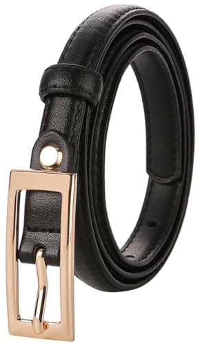 ALAIX Women's Skinny Leather Belts with Gold Buckle Thin Waist Belt for Jeans Dress Adjustable Black and Gold Belts for Women