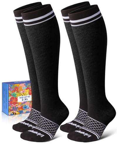 Lalapapa Cotton Compression Socks for Women Men - 2 Pairs 20-30mmHg Circulation Arch Support Socks, Comfortable Breathable, Black, L / XL