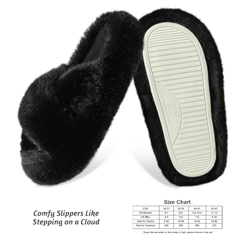 Image of Women's Slippers, Black Cross, Size 8-9, Memory Foam, Faux Fur, Flat Heel, New Year, Solid, Plush, Round Toe