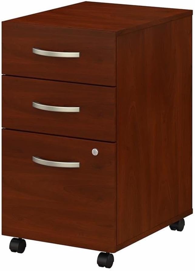 Pemberly Row 3 Drawer Mobile File Cabinet, Hansen Cherry Thermally Fused Laminate Finish, Engineered Wood, Brushed Nickel Handles, 15.71" W x 20.16" D x 27.87" H, Locking Office Storage on Casters