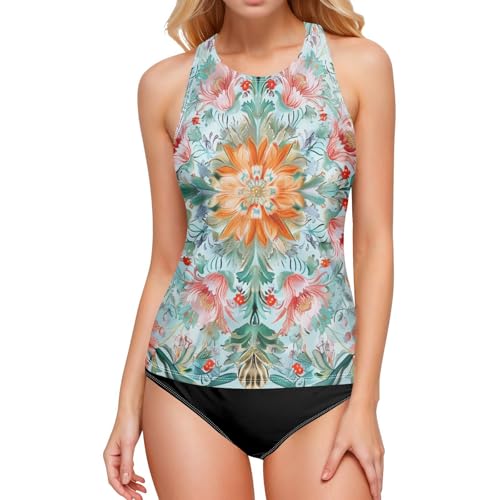 Maillot de bain tankini haut pour femmes vert imprimé fleuri avec effet ventre plat