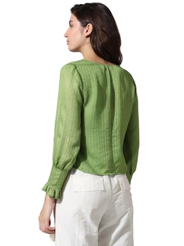 Image of ONLY Women Polyester Regular Self Design V-Neck Puff Sleeves Shirt Style Top