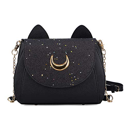 Moda Mujer Kawaii Bolso Moon Sailor Luna Cosplay Messenger Crossbody Cat monedero Lentejuelas bolso de hombro, Black, Medium