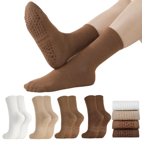 Image of Jspupifip 4 Pairs Pilates Grippy Socks for Women, Long Non Slip Yoga Socks with Grips Crew Socks for Pilates Barre Hospital
