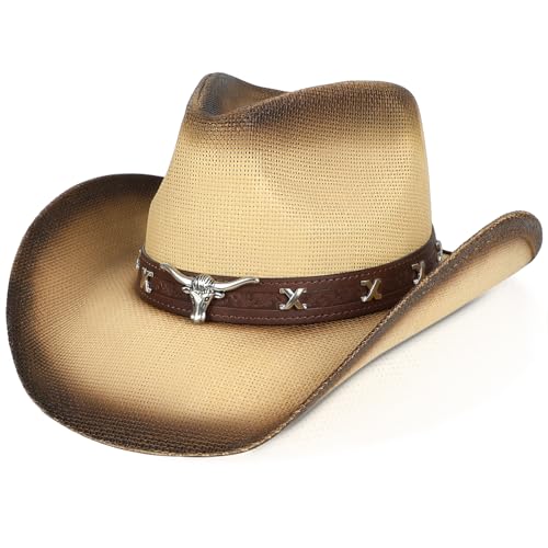 WQWOVRVO Cowboy Hat,Cowgirl Hat,Western Cowboy Hats for Women/Mens/Straw Wide with Shapeable Brim Cowboy Hat for Womens (US, Alpha, One Size, Beige & Coffee)