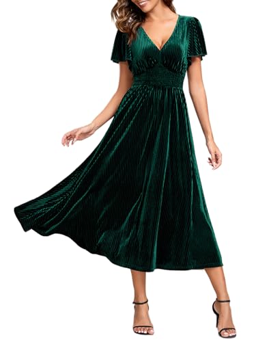 Ever-Pretty Women's Fall Winter V Neck Short Sleeves Elastic Waist Midi Velvet Wedding Guest Dress...