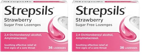 Strepsils Sore Throat Lozenges, Strawberry, 36 Total, Sore Throat Relief, Throat, Effective Relief, Fights Germs, Relieves Throat Pain, Works in 5 Minutes, Sore Throat, Medication (Pack of 2)