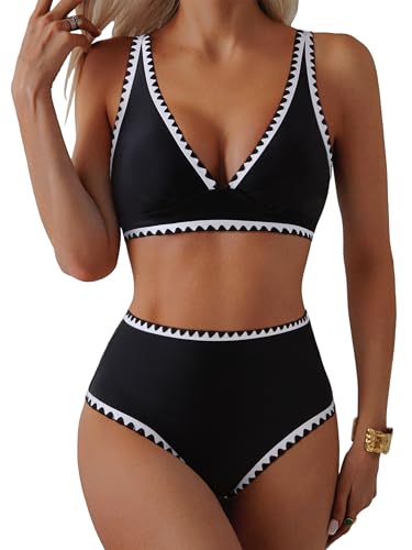 MOOSLOVER Women Bikini Sets Plunging High Waisted Swimsuit Whip Stitch 2 Piece Bathing Suits