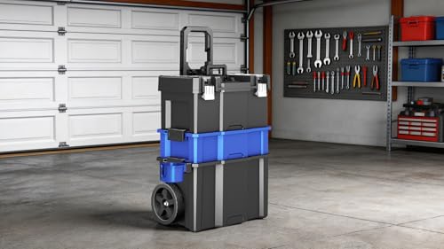 Image of 3 Tier Rolling Tool Box With Wheels,Stackable Tool Box with Removable Cup Holder,Portable Toolbox with Foldable Handle and Top Parts Box,Garage Storage Tool Organizer for Garage & Workshop