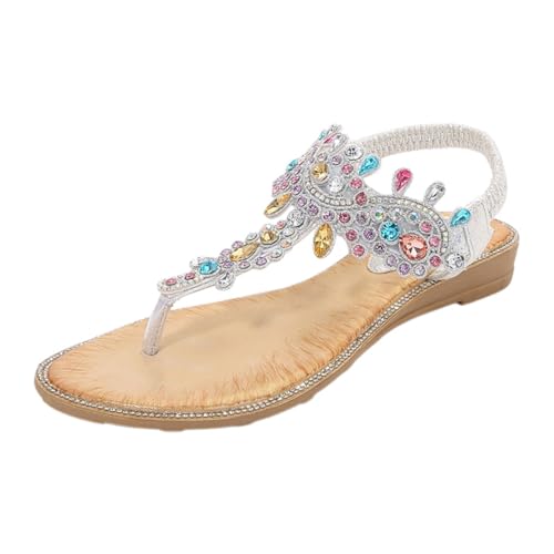 Tongs pour femme bohème en strass et sandales plates élastiques