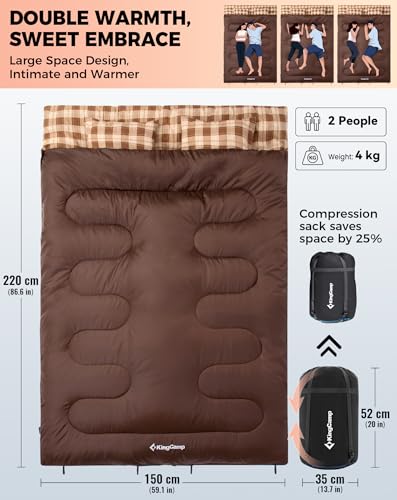 Image of KingCamp Double Sleeping Bag for Adults, Queen Size 2 Person XXL Flannel Sleeping Bag, Waterproof Lightweight Flannel Quilt with 2 Pillows, Perfect for Couples Family Camping Hiking