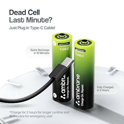 Image of Ambrane AA Type C Rechargeable Batteries, Pack of 2, 1850mAh Lithium Ion Battery, Charge with Any Type C Cable & Adapter, No Separate Charger Required, Save Environment & Money (Reneo, Green)
