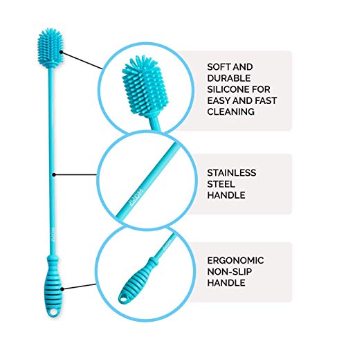 Silicone Bottle Brush Set of 3 Extra Long Handle Bottle Cleaning Brushes Ideal for Narrow Neck Containers, Vases, Water Bottles, Thermos, Hydro Flasks, Coffee Mugs, Tumblers, Baby Bottle Brush