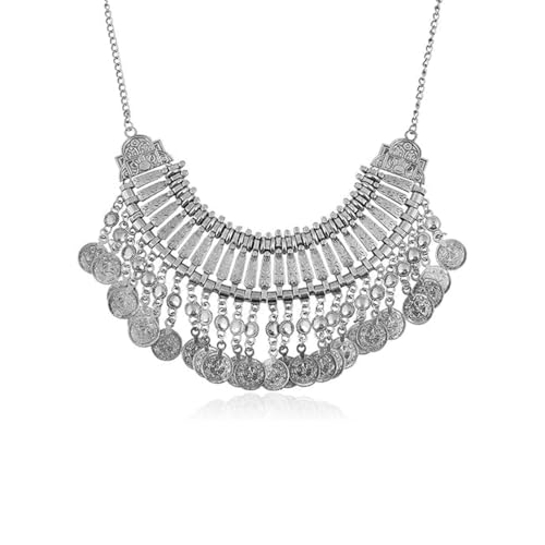 IMINI Collier Vintage En Pièce De Monnaie Gravée Court Épais Style Bohème Gothique Avec Franges Bijou Ethnique En Or Vieil Argent Cadeau Fête Halloween...