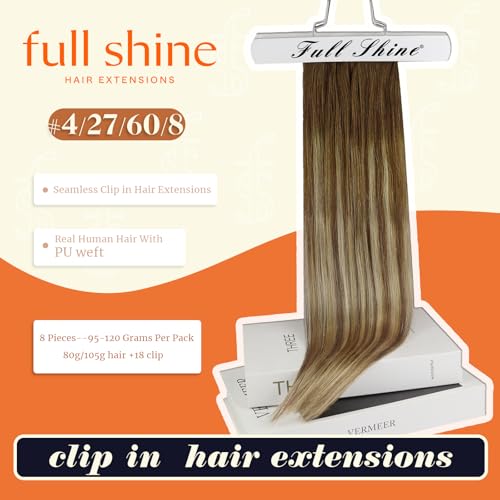 Image of Full Shine Seamless Clip in Hair Extensions, Balayage Brown Ombre Platinum Blonde Invisible Clip Ins Remy Human Hair, 22 Inch 120g 8 Pcs, Extra Long Wedding Hairstyle