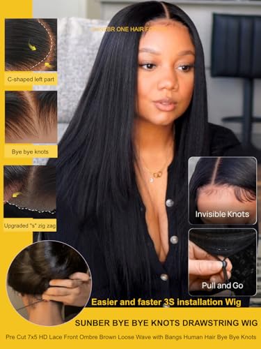 Image of Sunber Yaki Straight Human Hair Wig with Drawstring Bye Bye Knots Pre Cut 7x5 Lace Front Glueless Yaki Wig 180% Density Upgrade 3D Cap Put On Go Pre Plucked with Baby Hair Pre Bleached Knots 26Inch