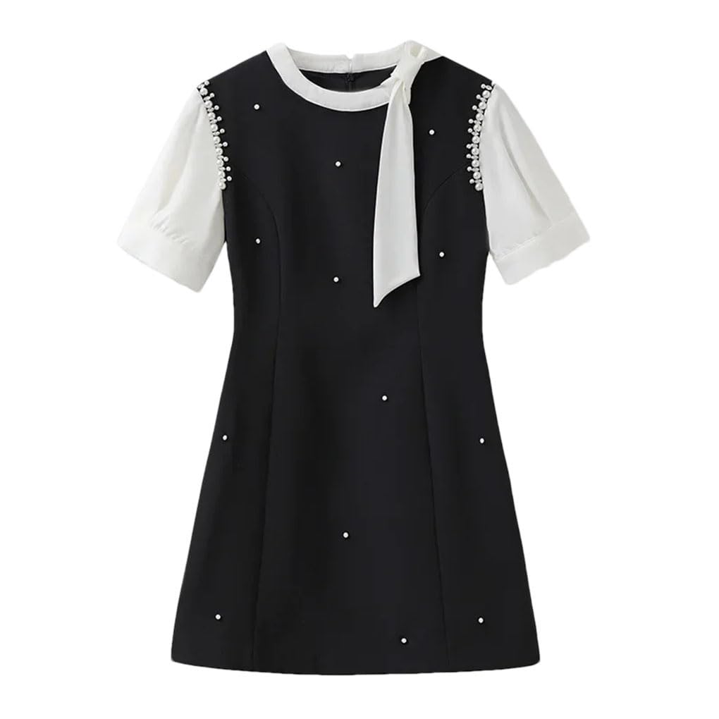 Women's Round Neck Bubble Sleeve Dress with Pearl Embellishment Mini Women Dress