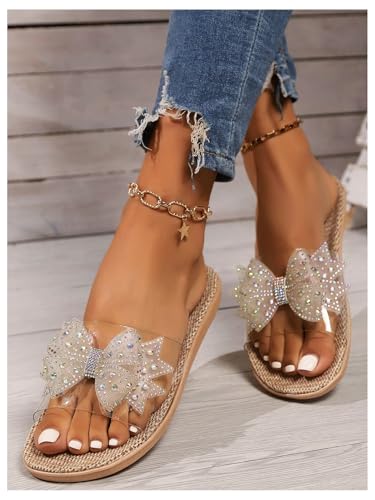 OYOANGLE Women's Rhinestone Sparkly Bow Slide Sandals Open Toe Clear Flat Sandal Dressy Casual Slippers3