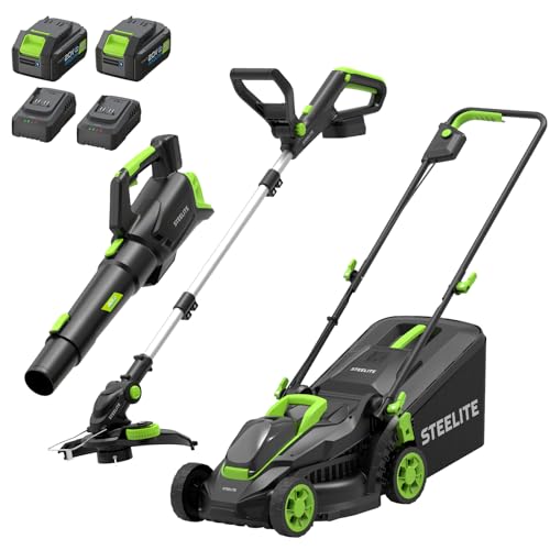 STEELITE 3-in-1 Electric Lawn Mower, Trimmer & Blower Combo, 21V Brushless Yard Tool Kit with 2 x 4.0Ah Batteries & 2 Chargers, Mulching Mower, Edger/Trimmer & Blower for Small Yards