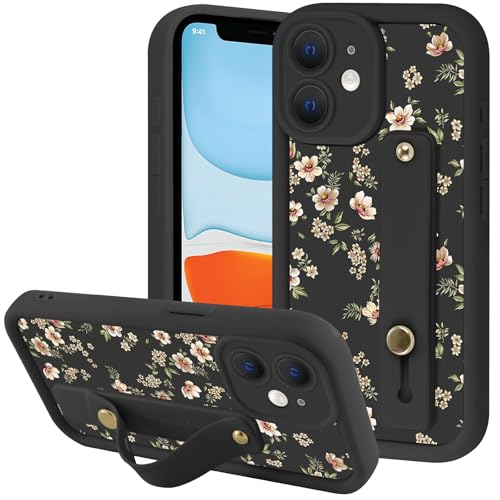 Zrutru Aesthetic Flower Floral Phone Case for iPhone 11 with Flexible Adjustable Soft Finger Hand Wrist Strap Holder Kickstand Silicone Shockproof Protection Funda for iPhone 11 6.1 Inch