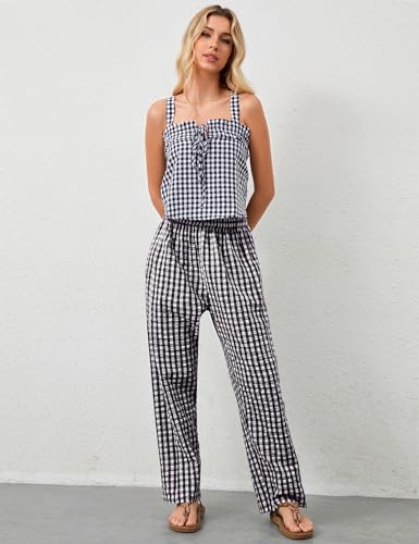 Livtany Women's Mid-Rise Plaid Wide Leg Lounge Long Pant Classic Gingham Print Stretchy Elastic Waist Trouser with Pocket3