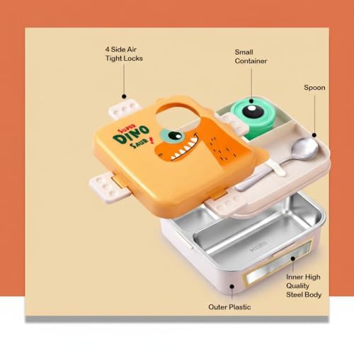 Image of Darkpyro Super Dinosaur Cartoon Kids Lunch Box with Compartments - Air Vent, Spoon, Sauce Container & Stainless Steel Tray - Yellow Dinosaur Design(1100ml+50ml
