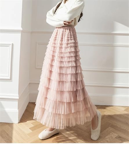 Women Layered Ruffles Mesh Sheet Midi Long A Line Skirts4