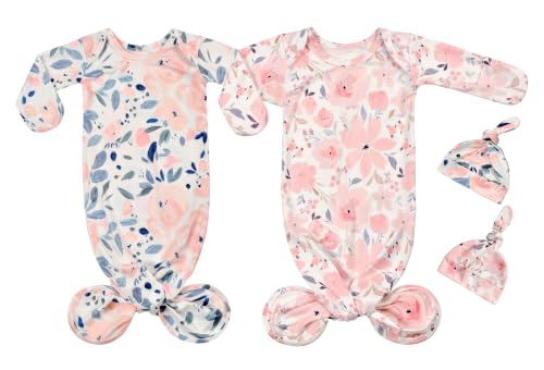 Image of Vollmic Newborn Baby Cotton Knotted Gown with Mittens Long Sleeve Sleeper Gown Nightgown Coming Home Outfit with Hat 2 Pieces