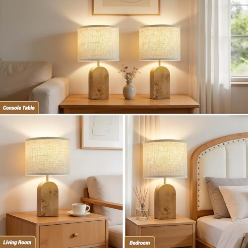 Table Lamps Set of 2 - 19" Wood Farmhouse Bedside Lamp with Adjustable Color Temperatures - Modern Rustic Linen Lampshade Nightstand Lamps for Bedroom Living Room Office, Bulbs Included, Natural by EJIAXIN - Used condition - Image 5