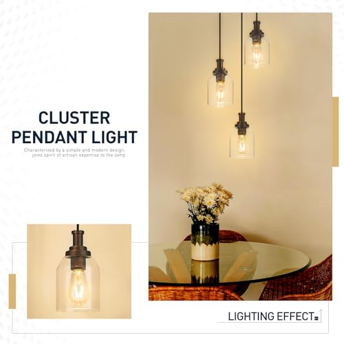Image of zeyu 3-Light Pendant Lighting, Adjustable Farmhouse Cluster Pendant Light for Kitchen Dining Room, Oil Rubbed Bronze Finish with Clear Glass Shade, ZG33-3 ORB