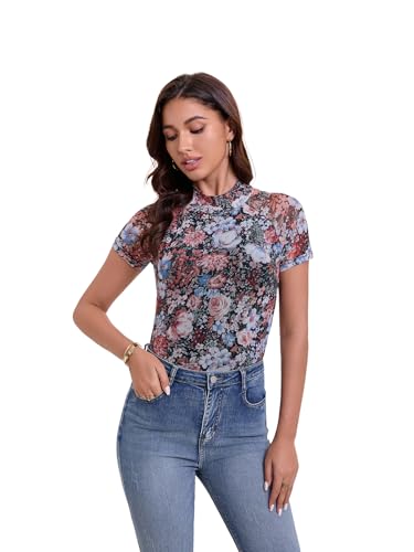 SKYZOO Floral Mesh Short Sleeve Lace Tops Double Line Western Cute Going Out Summer Shirts 20253