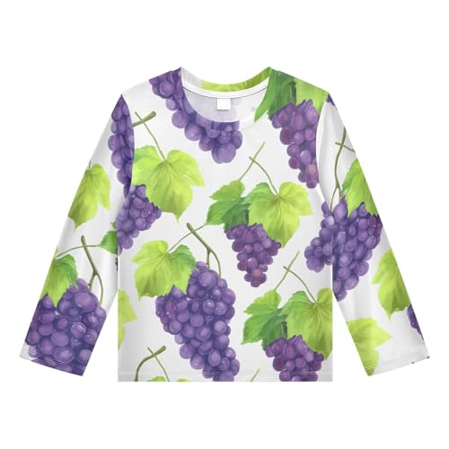 DOMIKING Grape Leaves White Boys Long Sleeve Rashguard Shirt Kids Quick Dry Swim Shirt for Swimming Pool Beach 9-10T