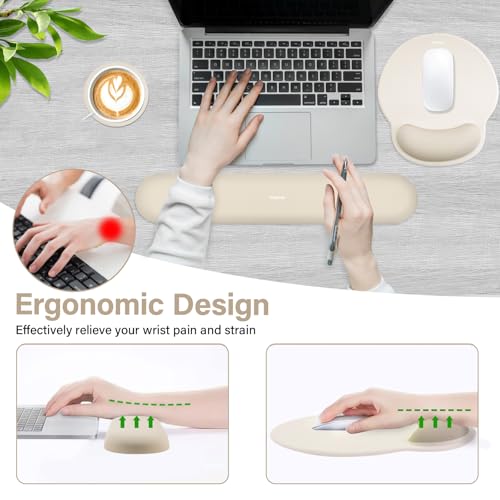 Image of MOSISO Wrist Rest Support for Mouse Pad&Keyboard Set, Circle Curved Ergonomic Mousepad&Coaster Non-Slip Base Home /Office Pain Relief&Easy Typing Pad with Soft Cloth&Silicone Lining, Khaki