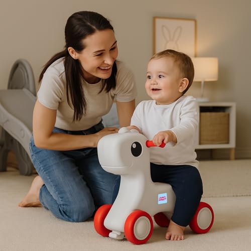 Image of Amazon Brand - Jam & Honey Baby Pony Push On Ride On for Kids | Backrest | Easy Grip | Four Wheel | Durable and Safe | Non-Toxic | Portable | Lightweight | Animal Theme | 1-4 Years Old | Red & Grey