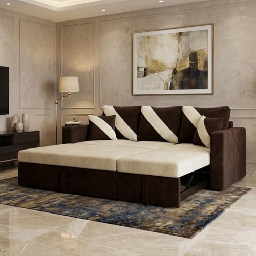 Image of FURNY Trivia 4 Seater RHS Lounger Sofa Cum Bed (Dark Brown - Cream) with Pull-Out Function | Luxury Velvet Suede Finish | Durable Comfort | Ideal for Living Room