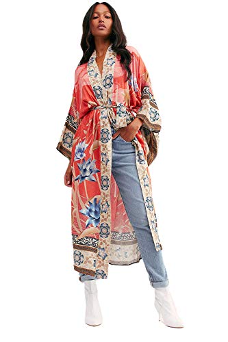 kimonos for women boho kimono robe Beach Coverups Womens Beach Blouses Loose Kimono Open Front Floral Print kimono Cardigan over sized kimono duster kimono robes with belt (528)2