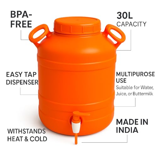 Image of Water Dispenser, 26 Litre, Plastic Container with Tap, Lid and Handles for Home, Kitchen, Office (30L-Orange)