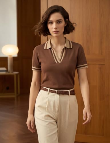 Image of FYLTR Women's Modern V-Neck Striper Collar Solid Polo T-Shirt - Contrast Tipping Details | Regular Fit | T-Shirts for Women | Open Placket