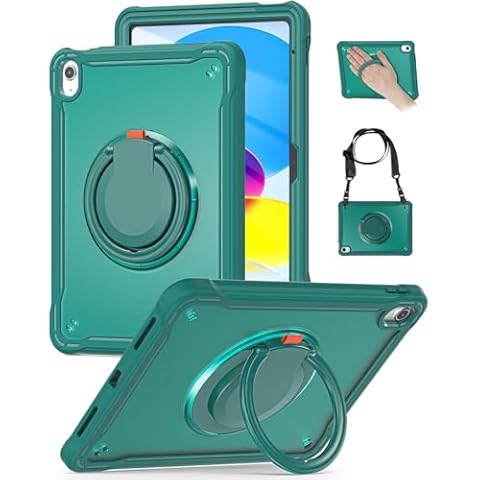 BRAECN iPad 10th Generation Case 10.9 inch Rugged Protective Cover, Shockproof Dropproof Case for Kids with Kickstand & Pencil Holder, Carrying Shoulder Strap, 360 Rotating Stand, Midnight Green Cover